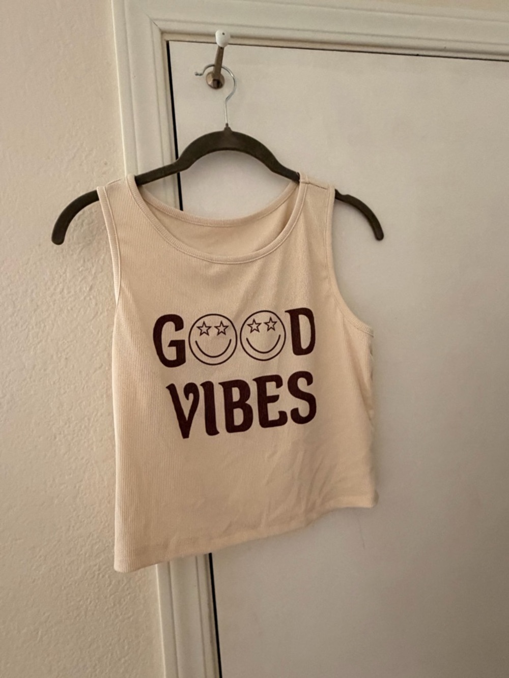 SHEIN Cream Crop Tank Top with Burgundy "Good Vibes" Print